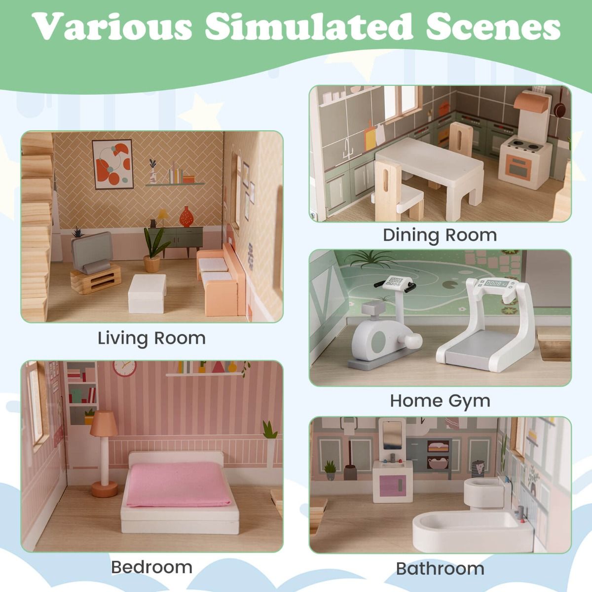 Charming pink wooden dollhouse features double-sided roofs and functional doors for imaginative play and decoration