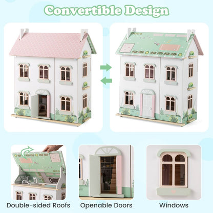 Pink wooden dollhouse features double-sided roofs and openable doors for interactive pretend play adventures