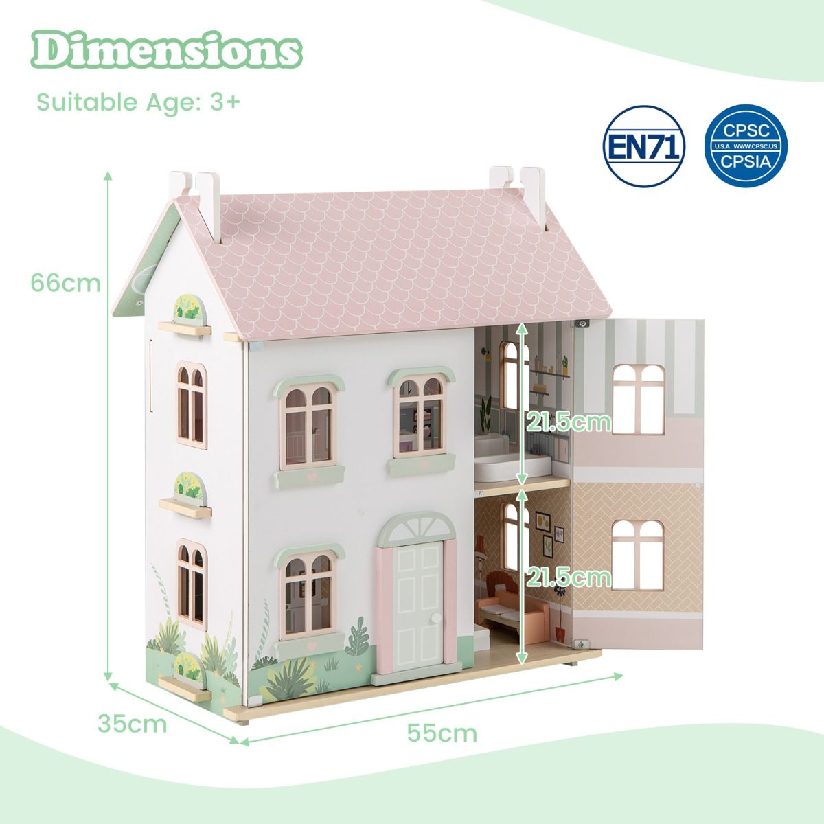 Charming pink wooden dollhouse featuring double-sided roofs and functional doors for imaginative play and decoration