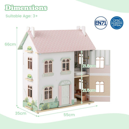 Charming pink wooden dollhouse featuring double-sided roofs and functional doors for imaginative play and decoration