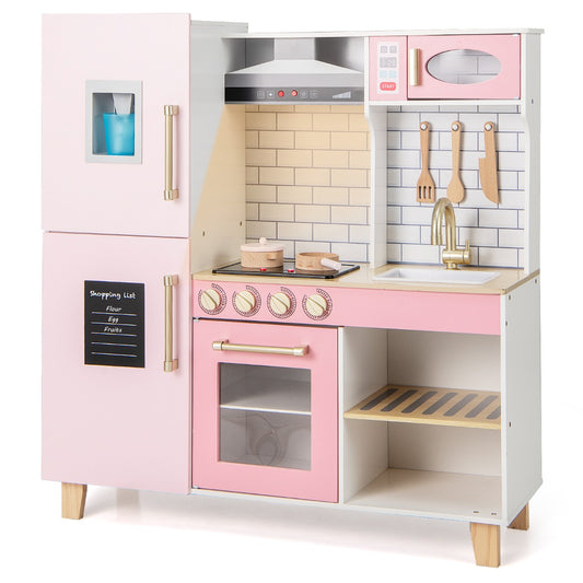 Costway Kids Wooden Pretend Kitchen Playset with Ice Maker and Range Hood-Pink