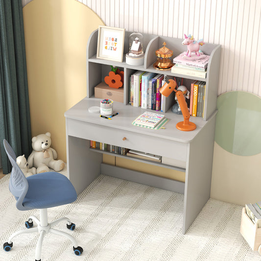 Grey Kids Wooden Desk | Drawer Storage & 5 Hutches | Multi-Use