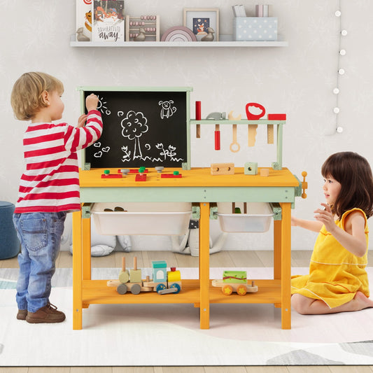 Kids workbench set with storage, blackboard, and 16 accessories for creative play and learning.