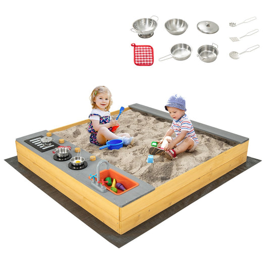 Wooden sandbox with kitchen playset for kids, ideal for creative outdoor play at home.