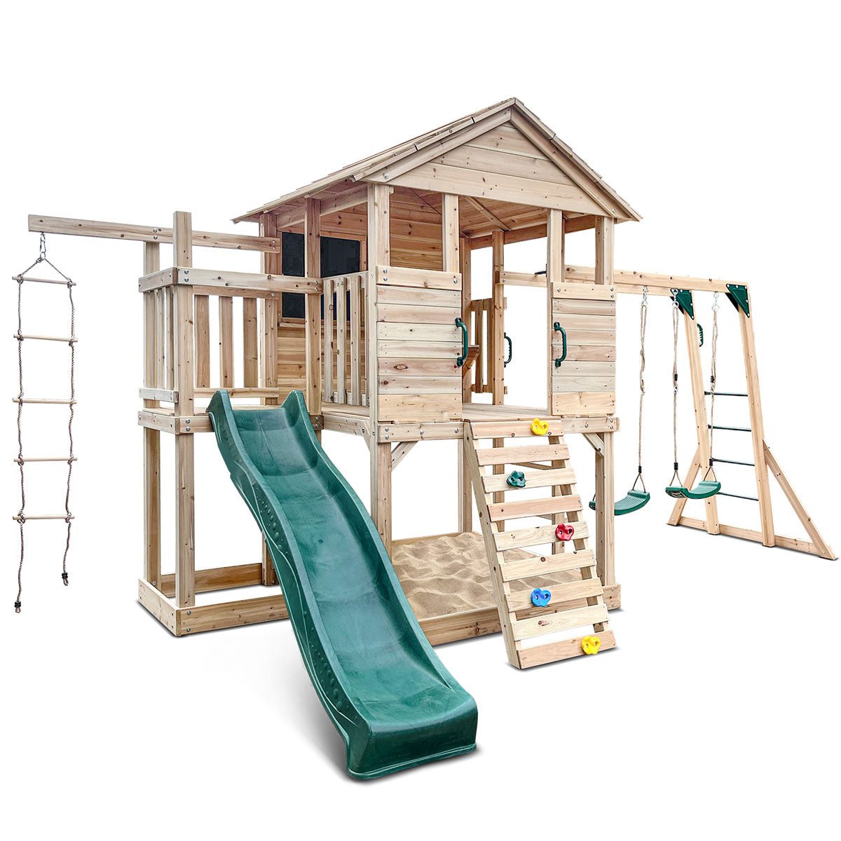 Kingston Wooden Cubby House | Includes Slide, Swings, and Monkey Bars for childrens backyard fun.