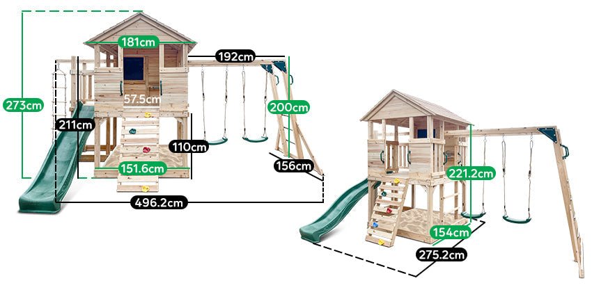 Kingston Wooden Cubby House | Includes Slide, Swings, Monkey Bars - Ideal backyard playset.