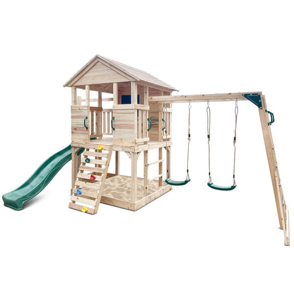 Kingston Wooden Cubby House with Slide, Swings, and Monkey Bars for backyard play fun.