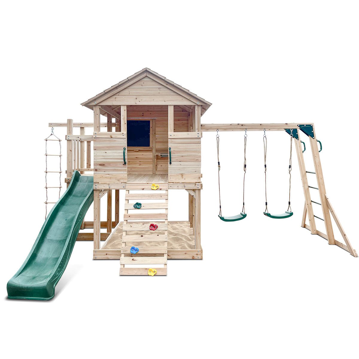 Kingston Wooden Cubby House with Slide, Swings, and Monkey Bars for backyard playtime.