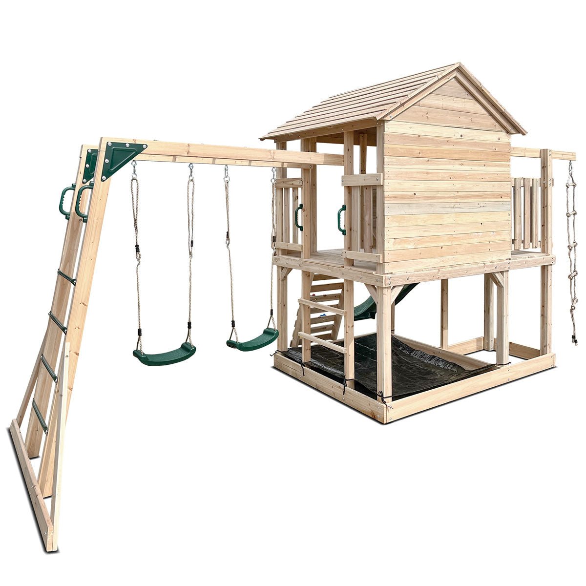 Kingston Wooden Cubby House with Slide, Swings, and Monkey Bars for outdoor backyard play.