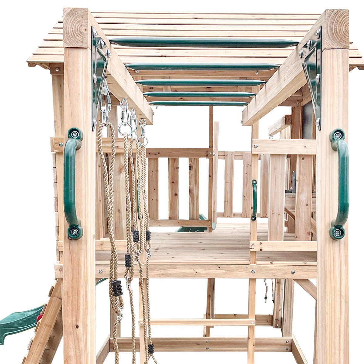 Kingston wooden cubby house featuring slide, swings, and monkey bars for playful backyard fun.