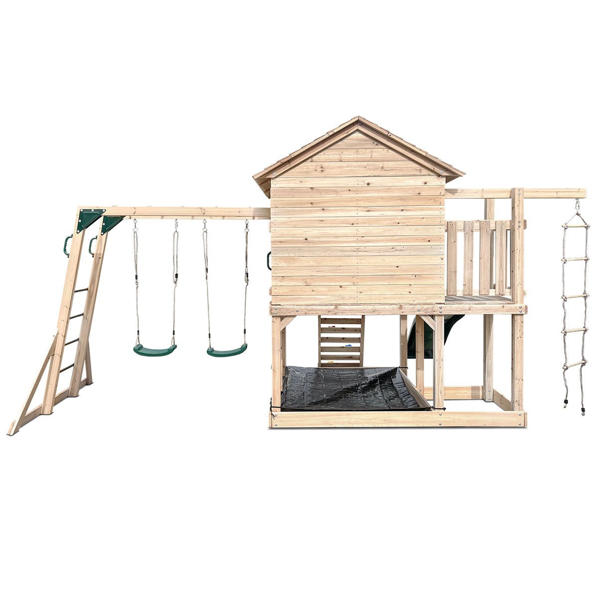 Kingston wooden cubby house with slide, swings and monkey bars for backyard fun and play