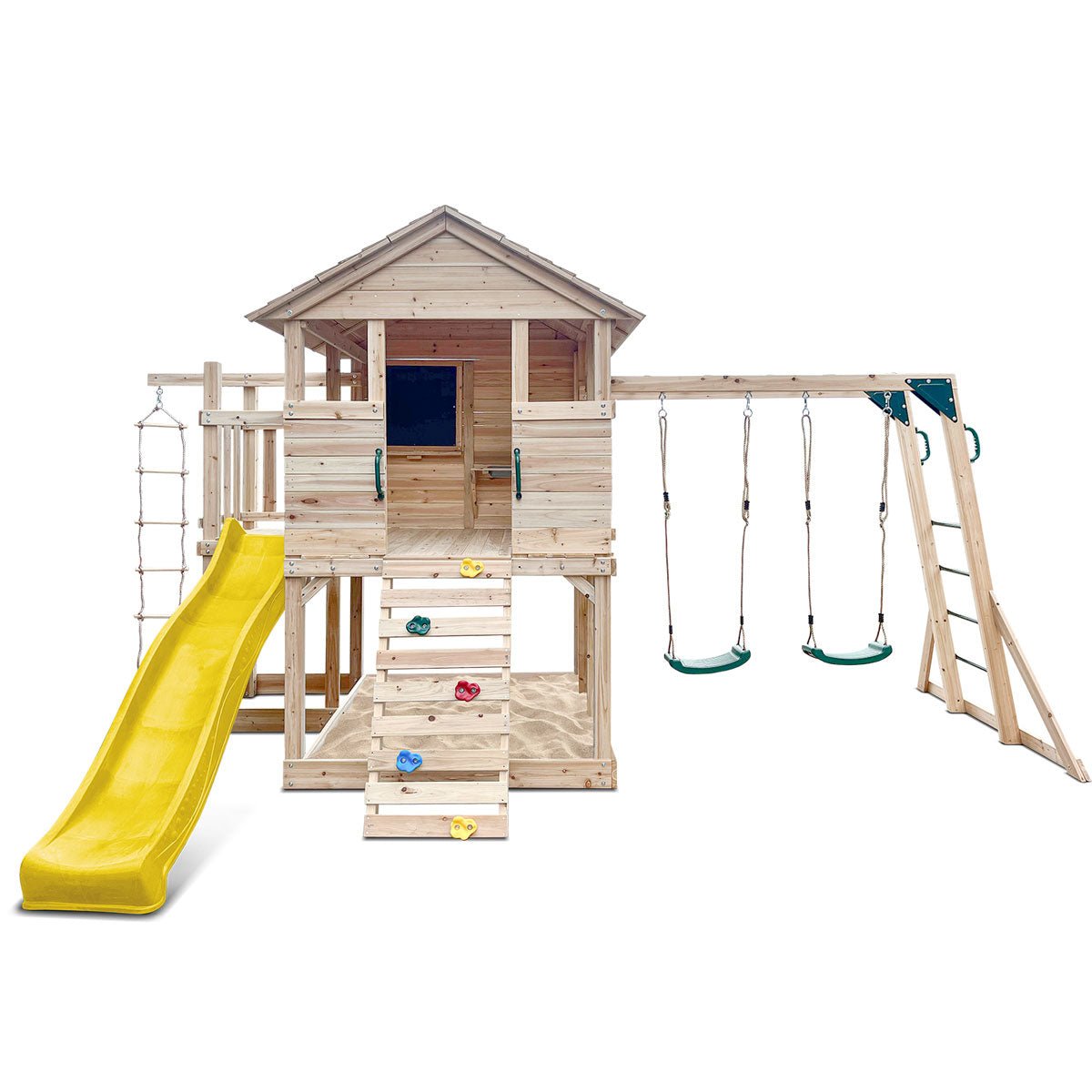 Kingston Timber Cubby House with Mega Slide and Play Centre for backyard fun.