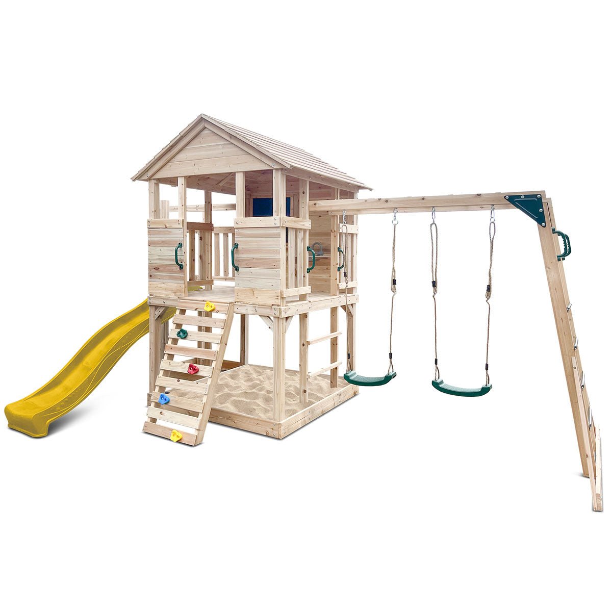 Kingston Timber Cubby House with Mega Slide and Play Centre, perfect backyard fun for kids.