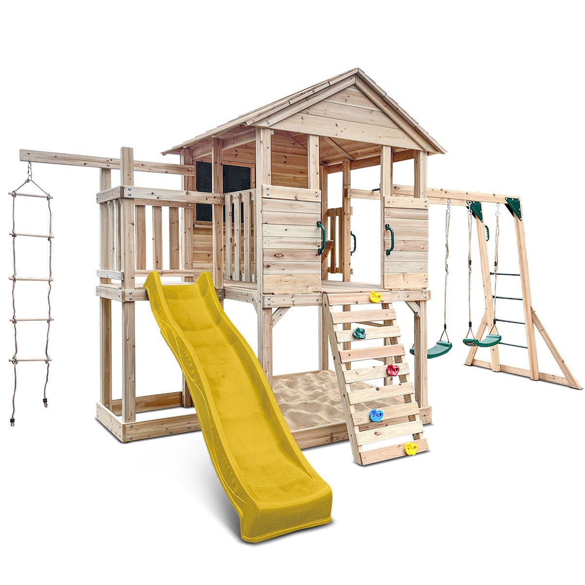 Kingston Timber Cubby House with Mega Slide, ideal for active outdoor play at home.