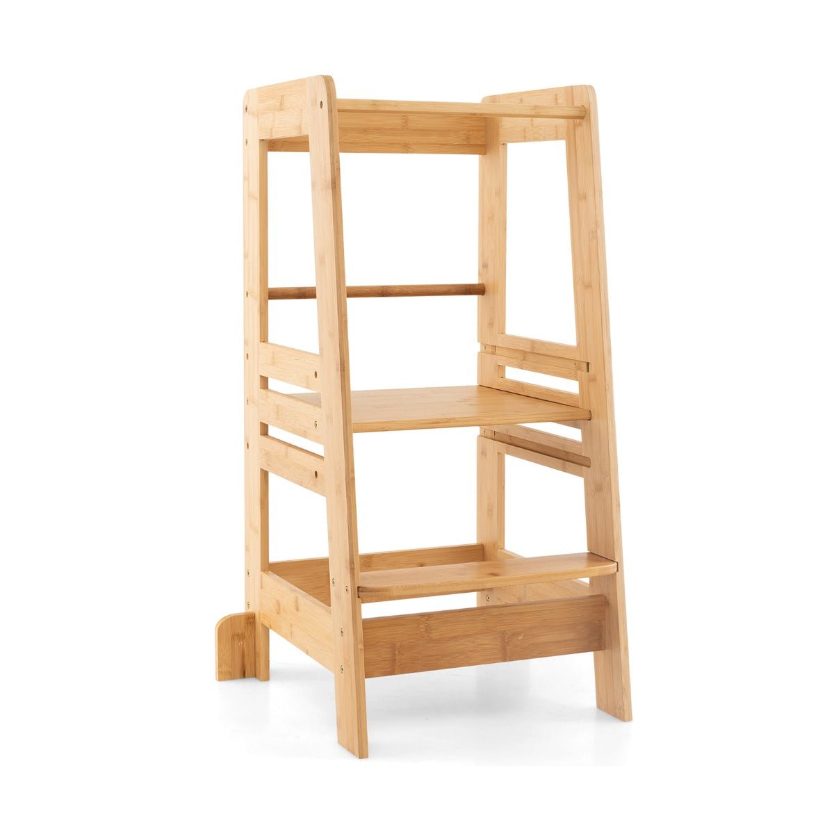 Bamboo kitchen helper stool for toddlers, offers adjustable height for safe cooking interaction.