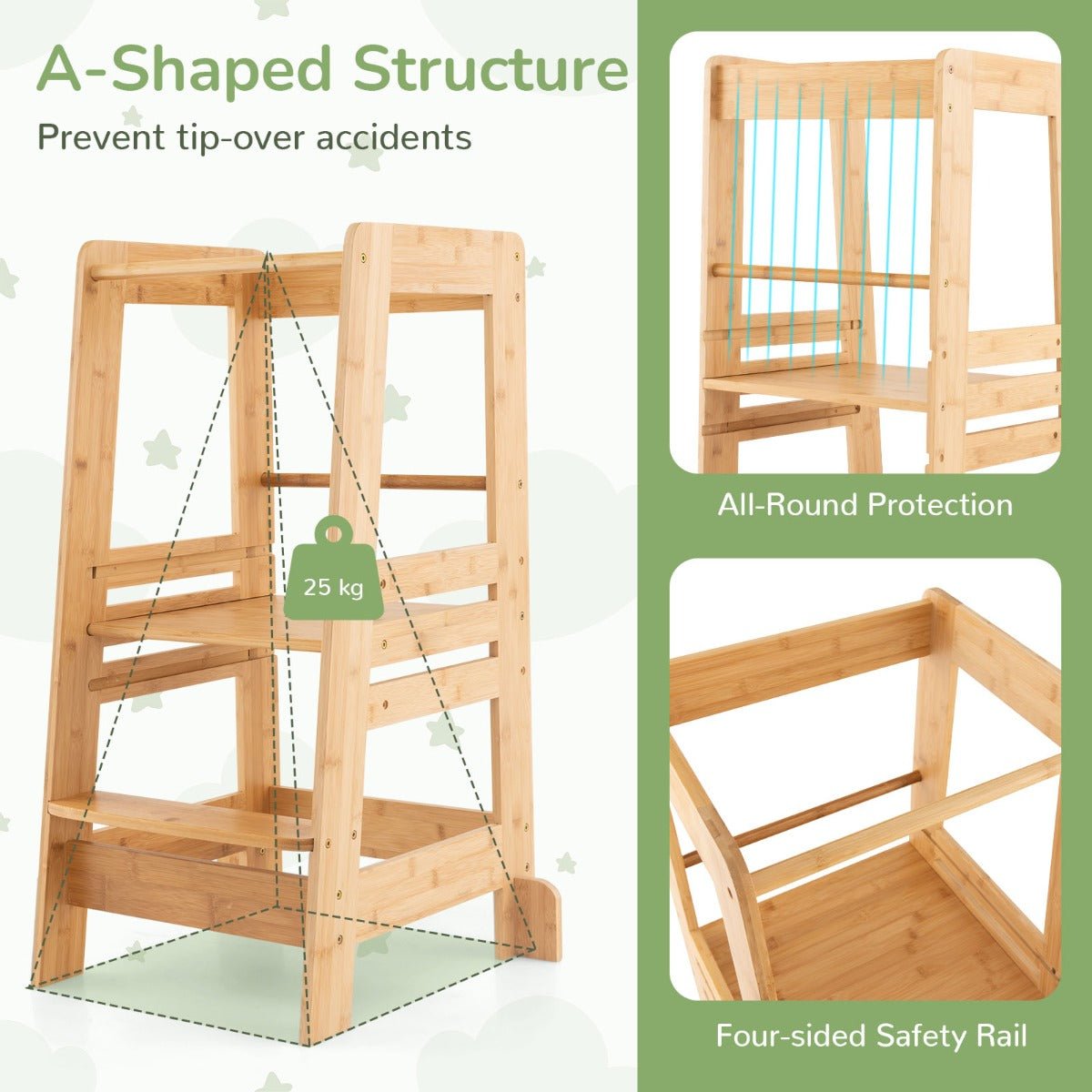 Adjustable bamboo kitchen helper stool for toddlers, promoting independence and safety in the kitchen.