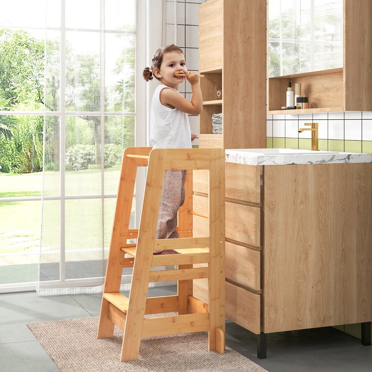 Kids bamboo kitchen stool with adjustable height for safe and easy cooking experience.