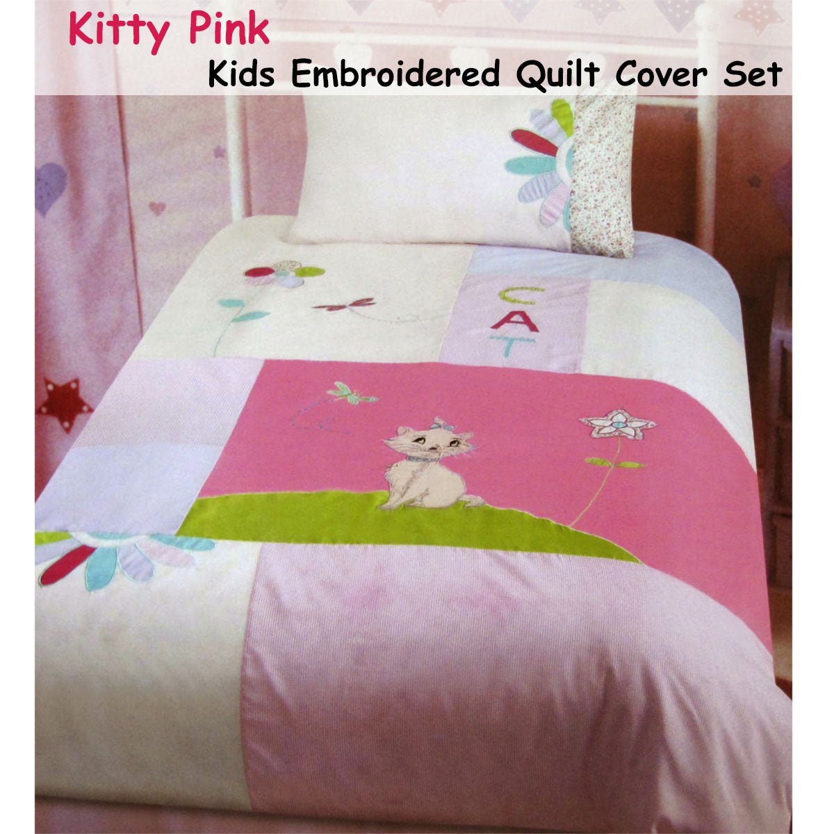 Girls single bed quilt cover set with cute cat embroidery design for kids bedroom.