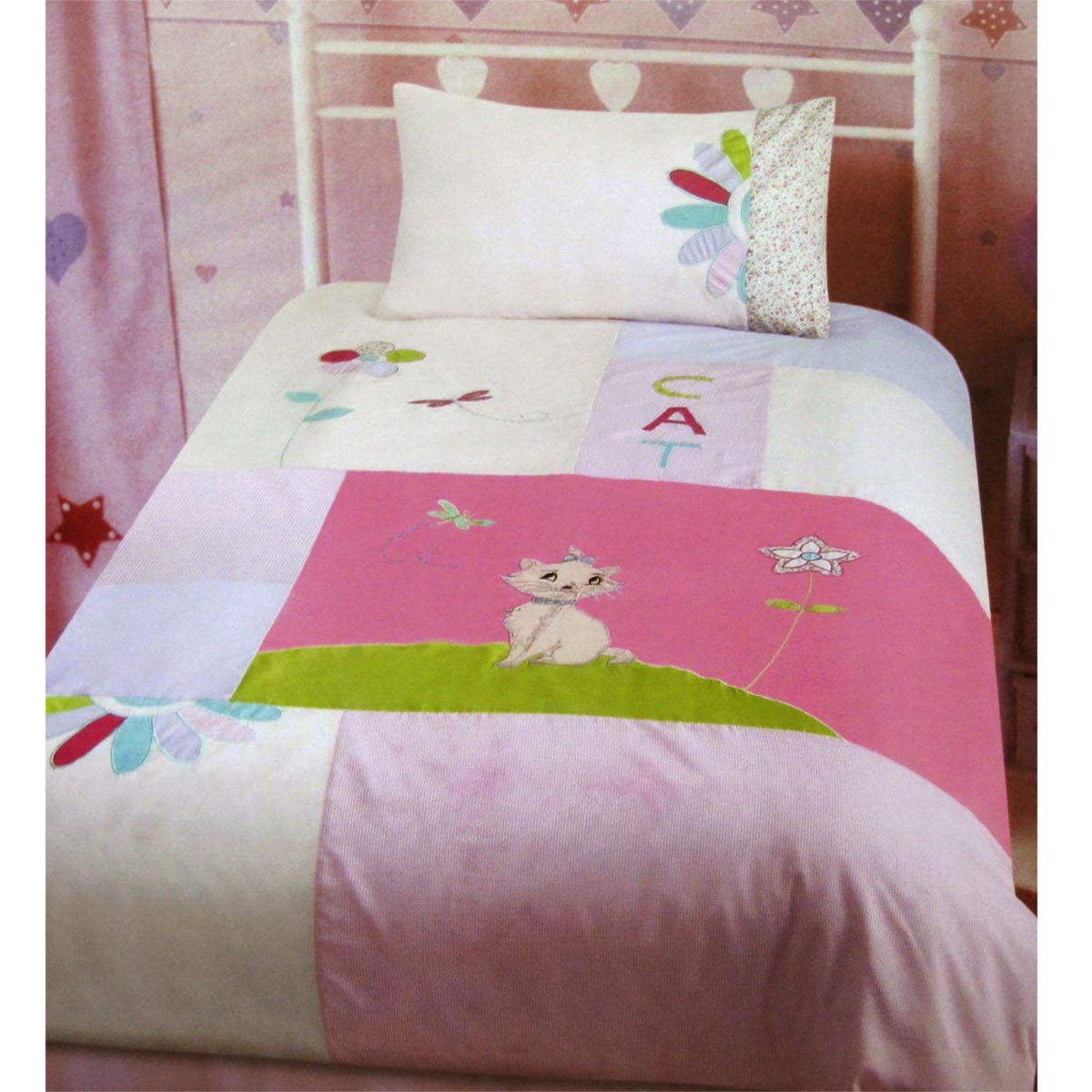 Girls single bed quilt cover set with adorable cat embroidery design for charming bedroom.