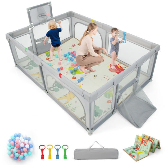 Versatile large grey playpen with sports activities, balls and mat for kids endless fun.