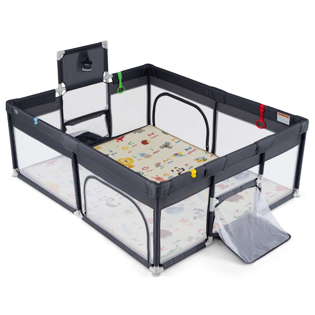 Large grey baby playpen featuring built-in sports activities, providing a spacious and engaging play area for infants