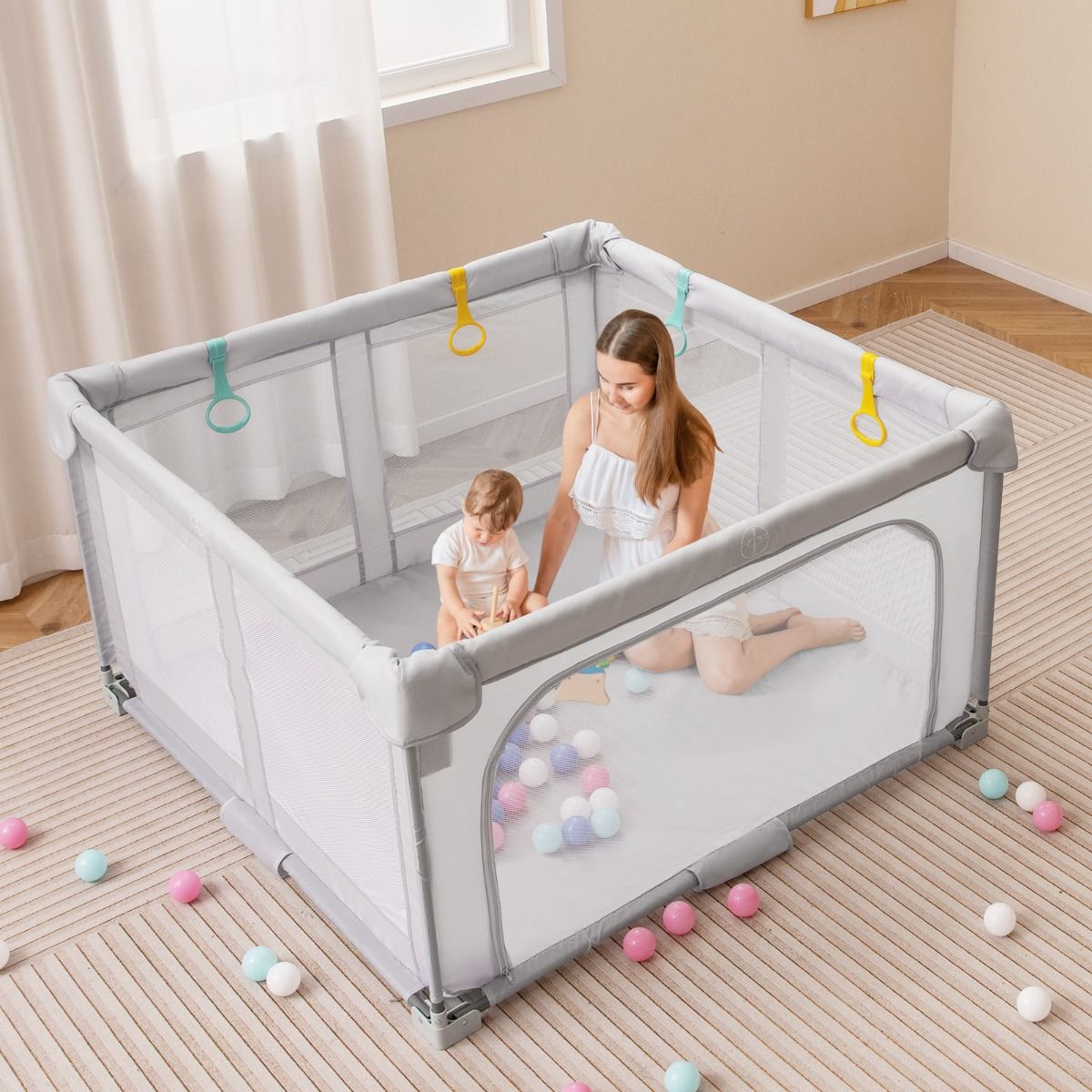 Large Baby Playpen | Spacious Grey Mesh Enclosure with Zipper
