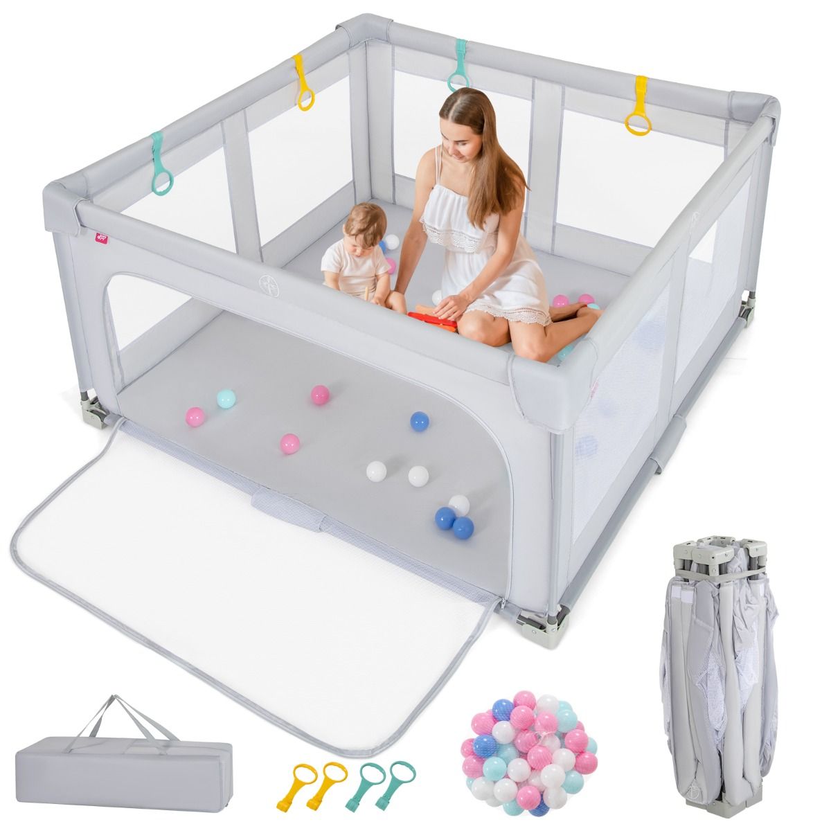 Large Baby Playpen | Spacious Grey Playard with Ocean Balls