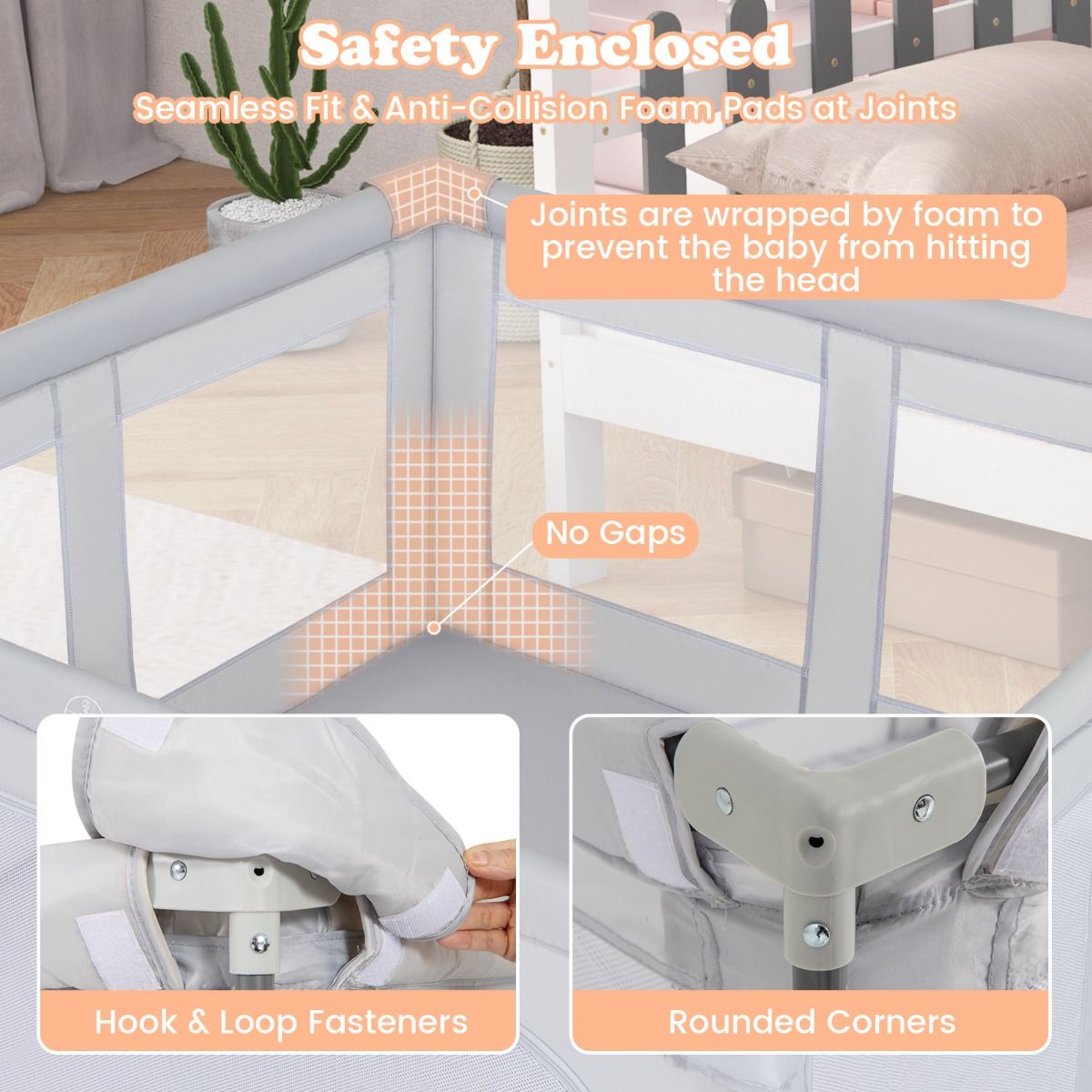 Large Baby Playpen | Spacious Grey Mesh Enclosure with Zipper