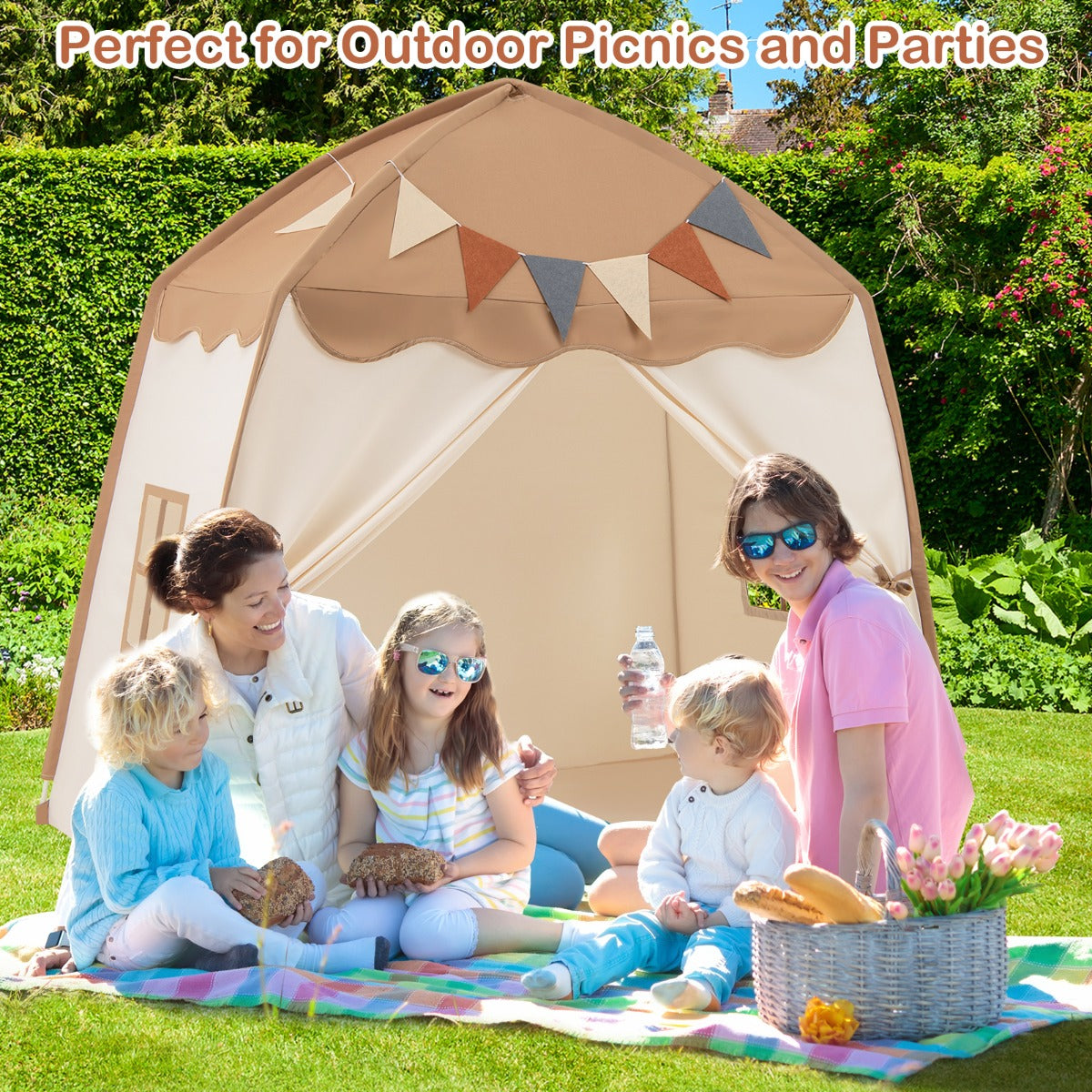 Large Coffee Kids Tent | Bright Fairy Lights & Flags Age 3+