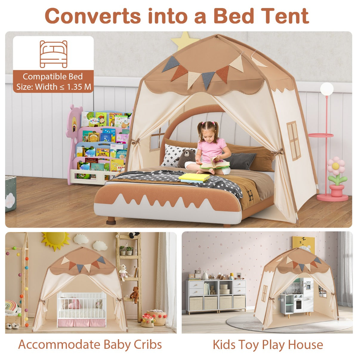 Large Coffee Kids Tent | Bright Fairy Lights & Flags Age 3+