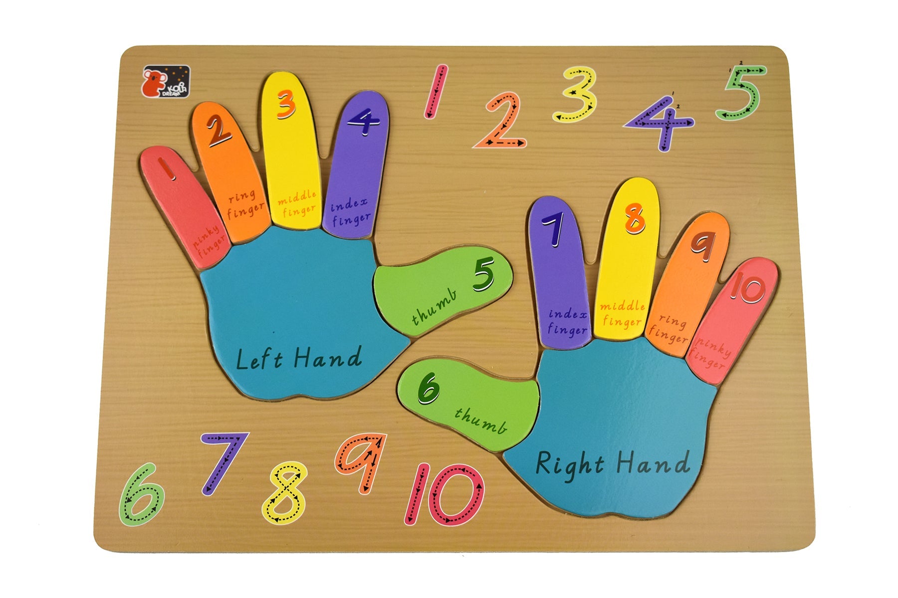 Kids left and right hand-shaped wooden puzzle for fun, educational play at home.