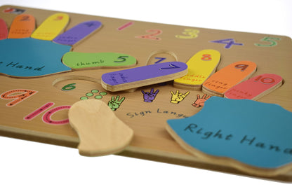 Wooden hand puzzle for kids to practice left and right hand coordination.