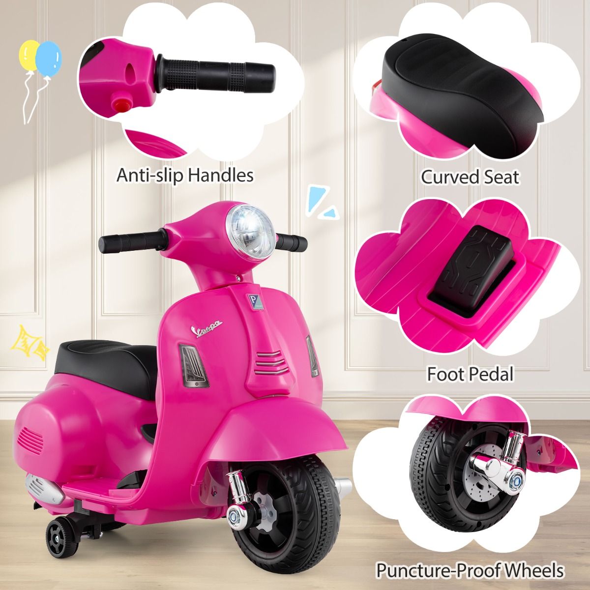 Pink Vespa kids electric motorcycle features LED headlight, 30W motor, and authentic licensing for stylish, fun rides.