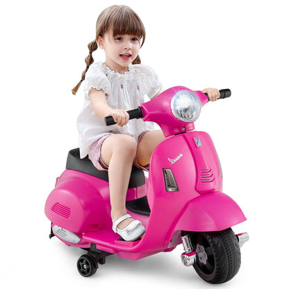 Pink Vespa-style kids electric motorcycle with LED headlight offers authentic ride-on fun for young scooter enthusiasts.