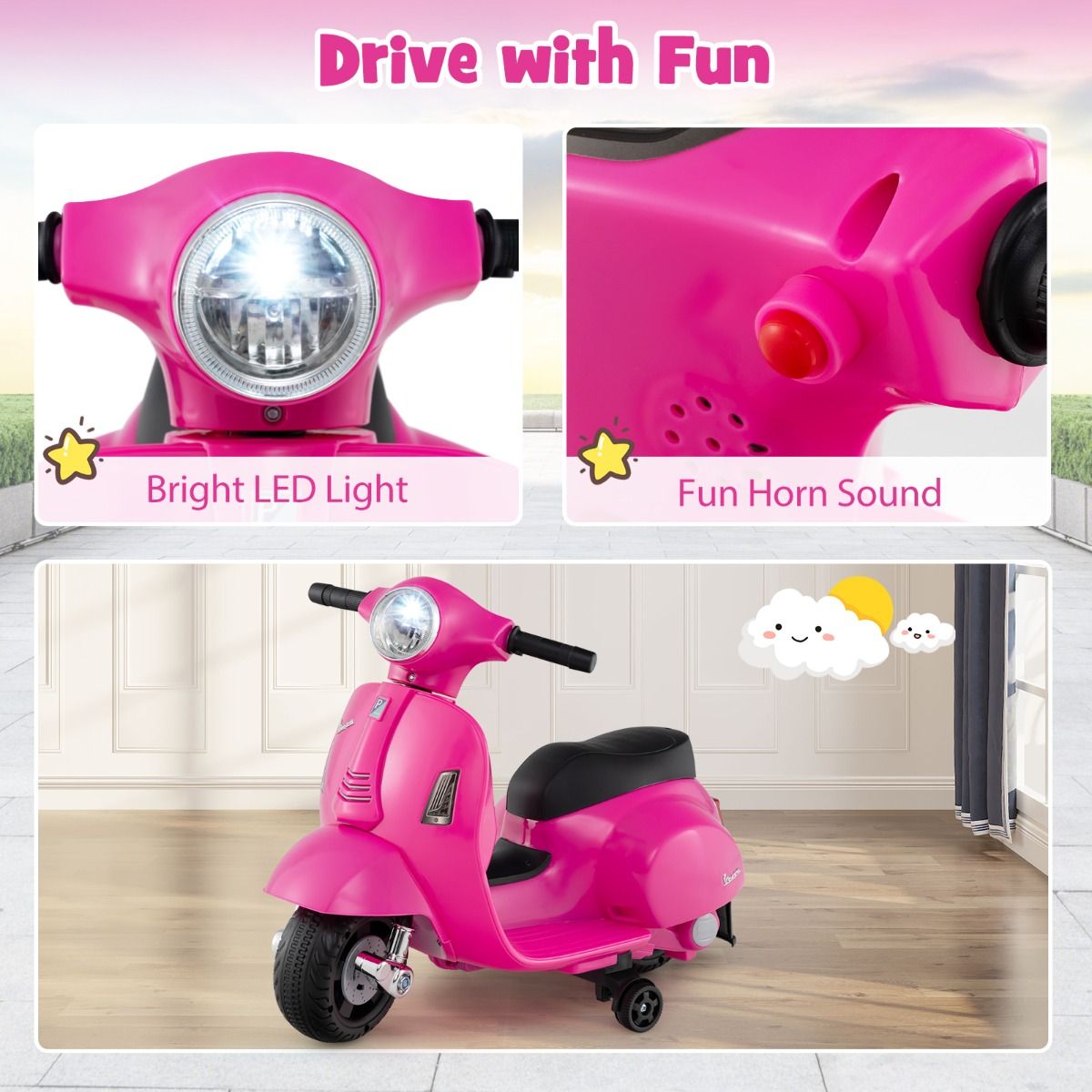 Pink Vespa-licensed kids ride-on motorcycle featuring LED headlight and 30W motor for realistic, fun playtime adventures.