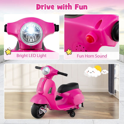 Pink Vespa-licensed kids ride-on motorcycle featuring LED headlight and 30W motor for realistic, fun playtime adventures.