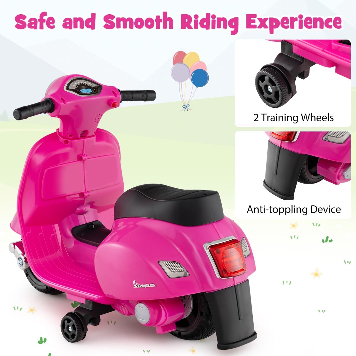 Pink Vespa-inspired kids ride-on motorcycle features LED headlight, 30W motor, and authentic licensed design for...