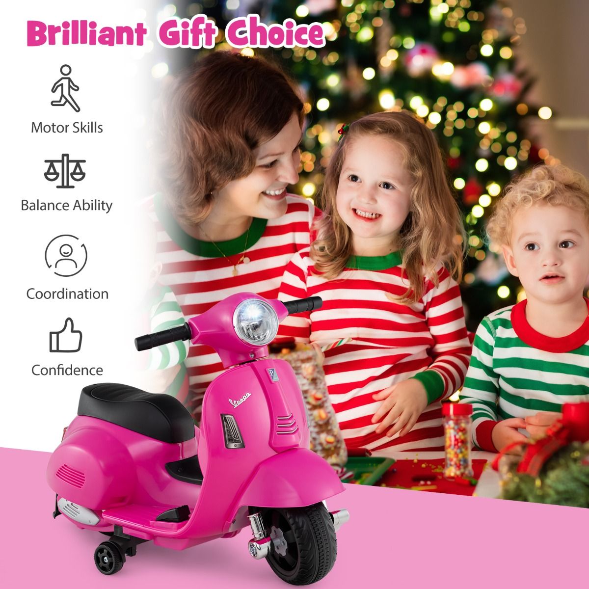 Pink Vespa-style kids ride-on motorcycle with LED headlight offers authentic design and powered mobility for young riders.