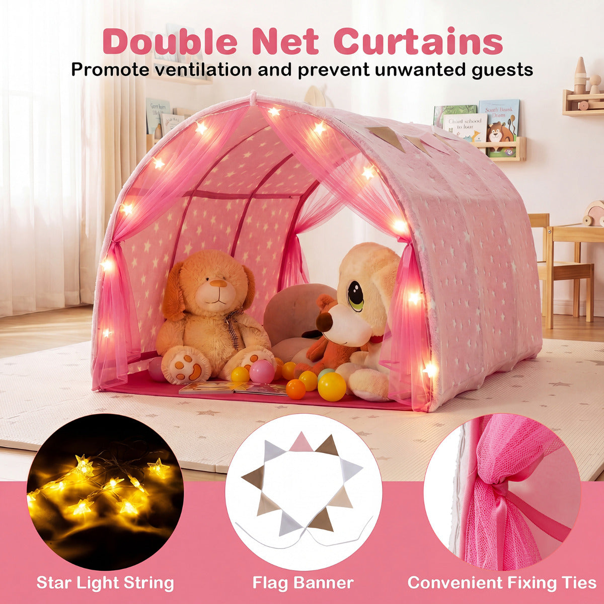 Pink Twin Bunk Bed Tent | Glow In The Dark Stars & Privacy