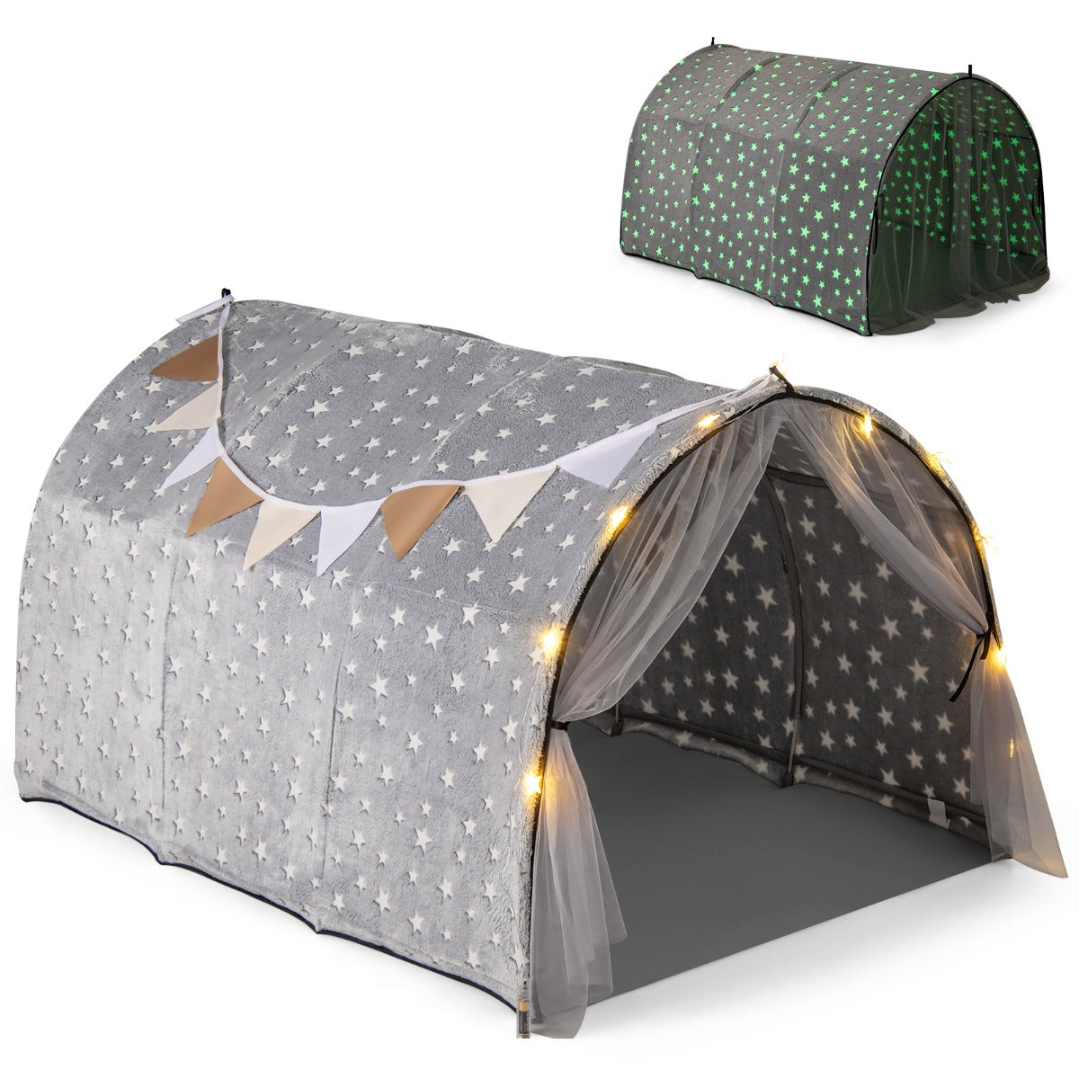 Grey Twin Bed Tent | Glow In Dark Stars & Privacy Curtains