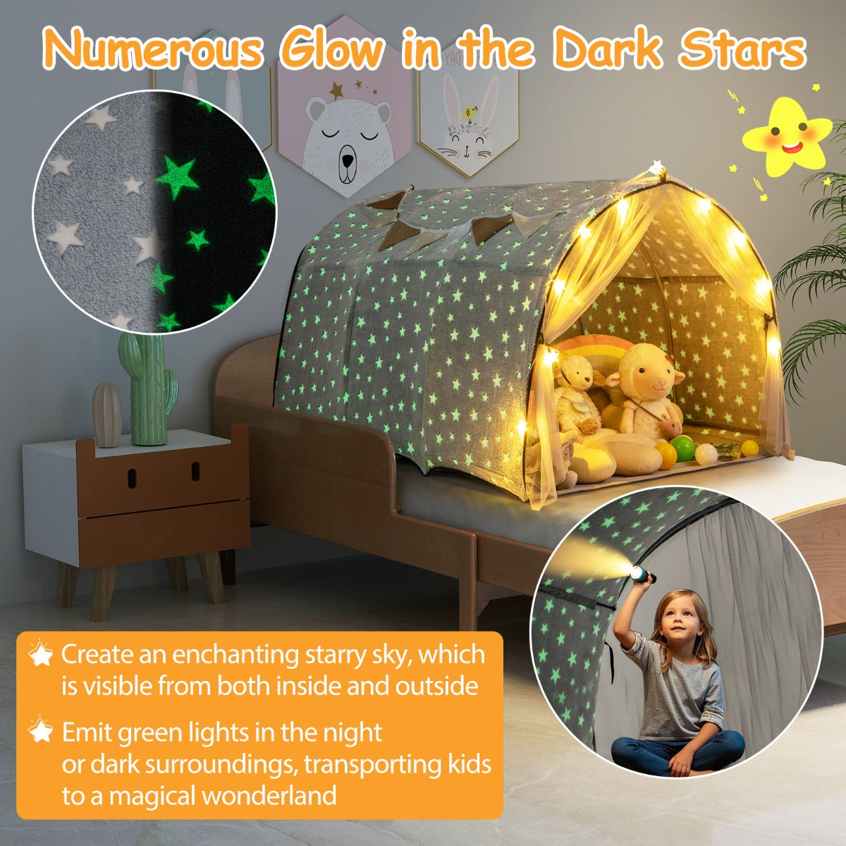 Grey Twin Bed Tent | Glow In Dark Stars & Privacy Curtains