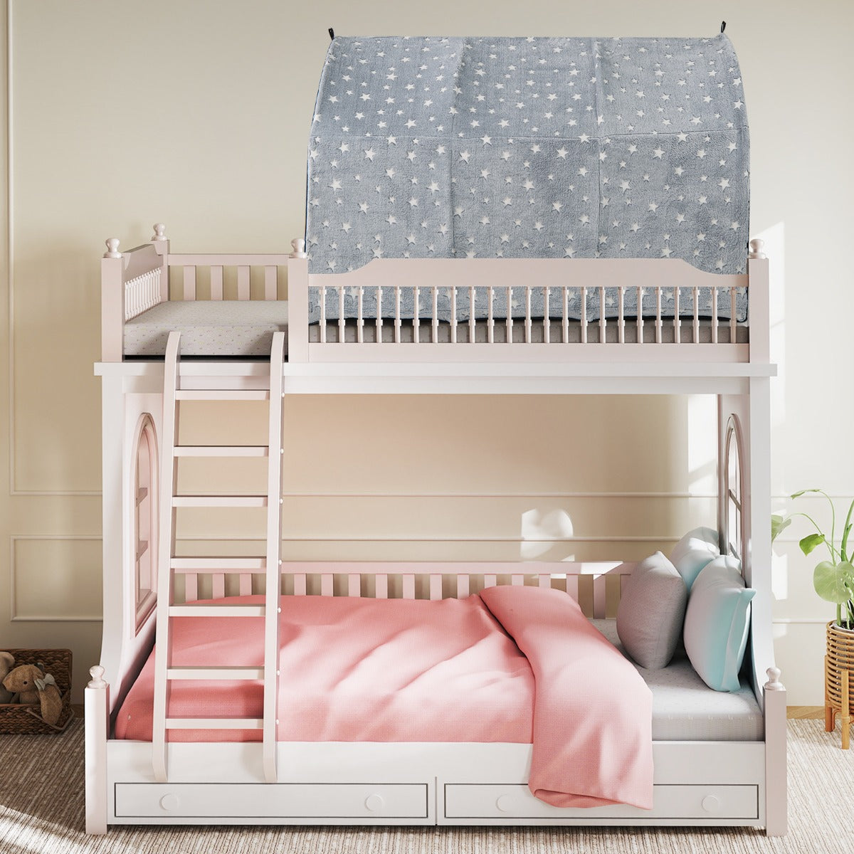 Grey Twin Bed Tent | Glow In Dark Stars & Privacy Curtains