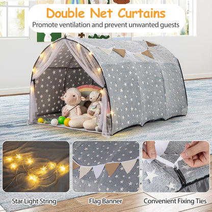 Grey Twin Bed Tent | Glow In Dark Stars & Privacy Curtains