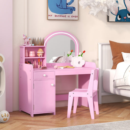 Pink Kids Vanity Set with LED Lights & Storage - Ideal playset for budding beauty artists.
