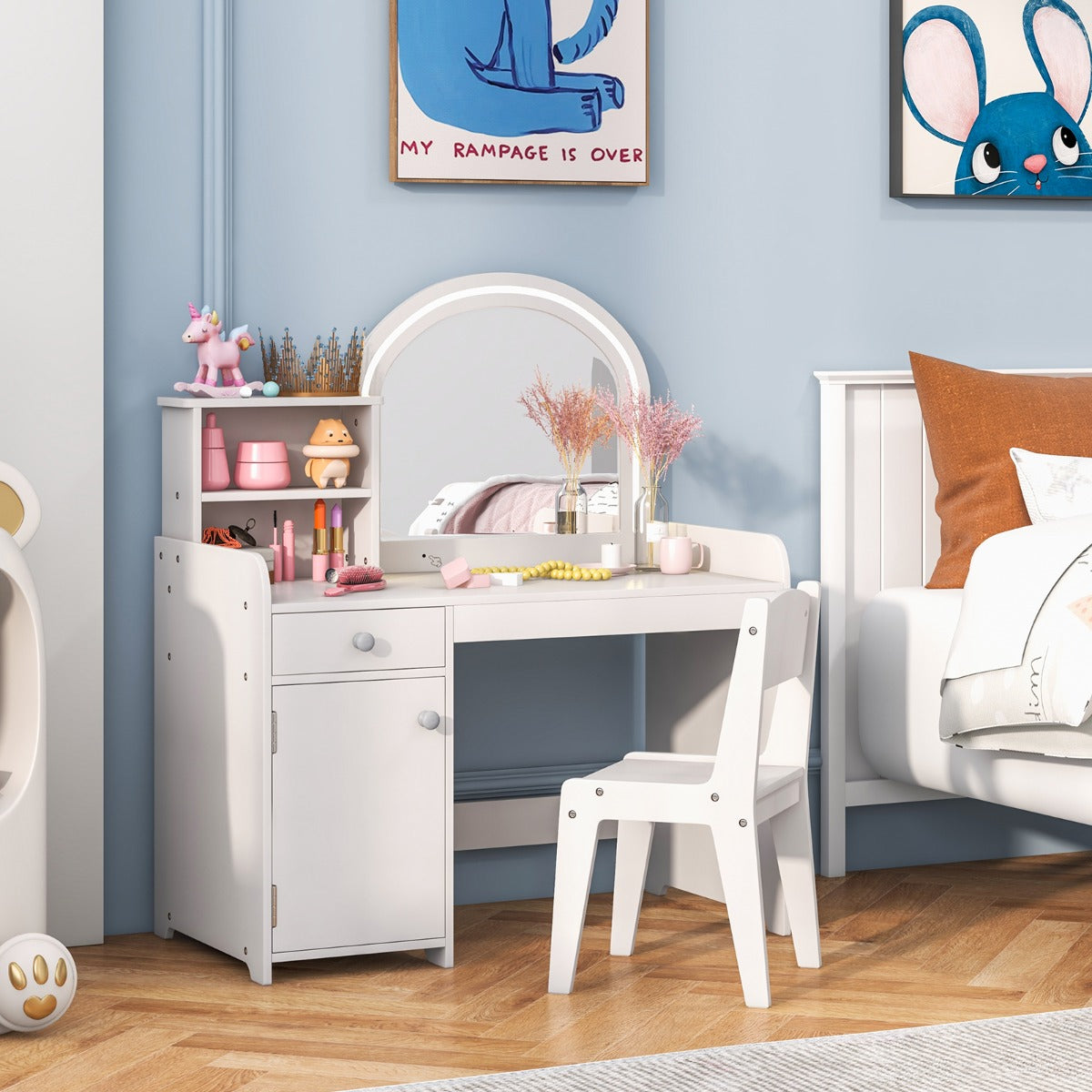 Kids vanity table set with LED lights, acrylic mirror for safe play makeup station.