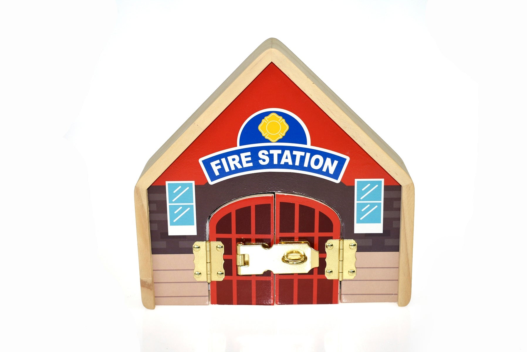 Metal latch fire station playset for imaginative play and childrens role-playing adventures.