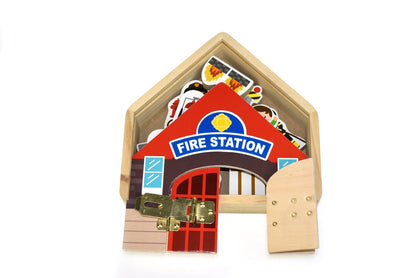 Metal latch fire station playset for imaginative childrens role-playing games at home.