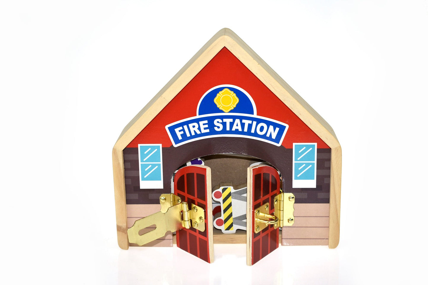 Metal latch fire station playset for interactive imaginative play at home for kids.