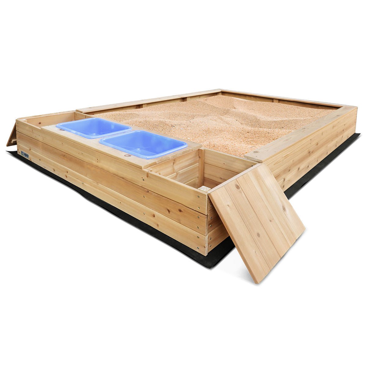 Lifespan Kids rectangular sandpit with storage and water play, ideal for backyard fun.