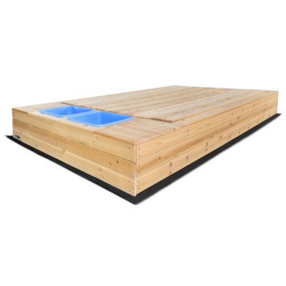 Rectangular sandpit with wooden cover and storage, ideal for childrens outdoor play and creativity.